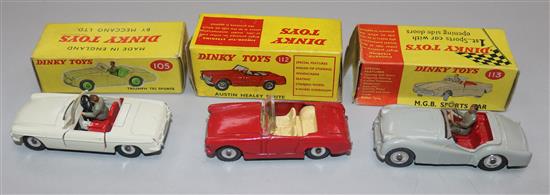 A Dinky Triumph TR2 Sports No. 105 and two other boxed Dinky sports cars,